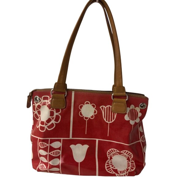 Brighton Red Floral Tote Bag With Tan Handles & Striped Interior Charm Heart - Picture 12 of 16